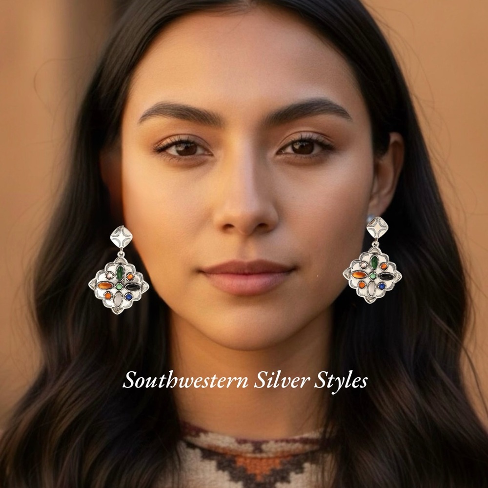 Navajo Tribal Native American Style Gemstone Sterling Silver Plated Earrings